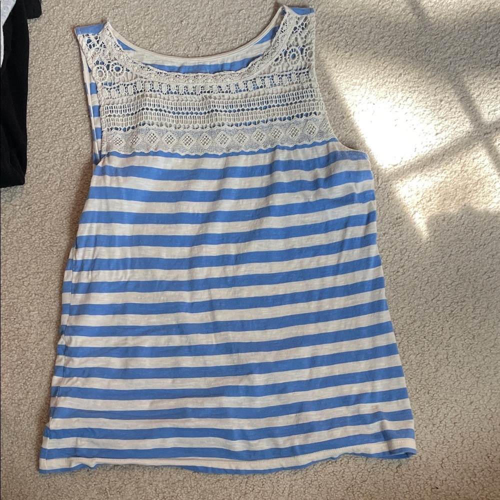 LOFT Blue and White Striped Lace Yoke Tank Top